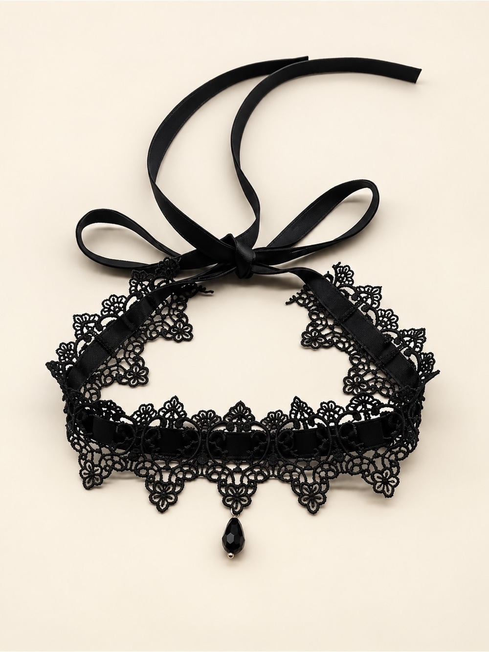 Gothic Black Lace Black Velvet Ribbon Choker Necklace